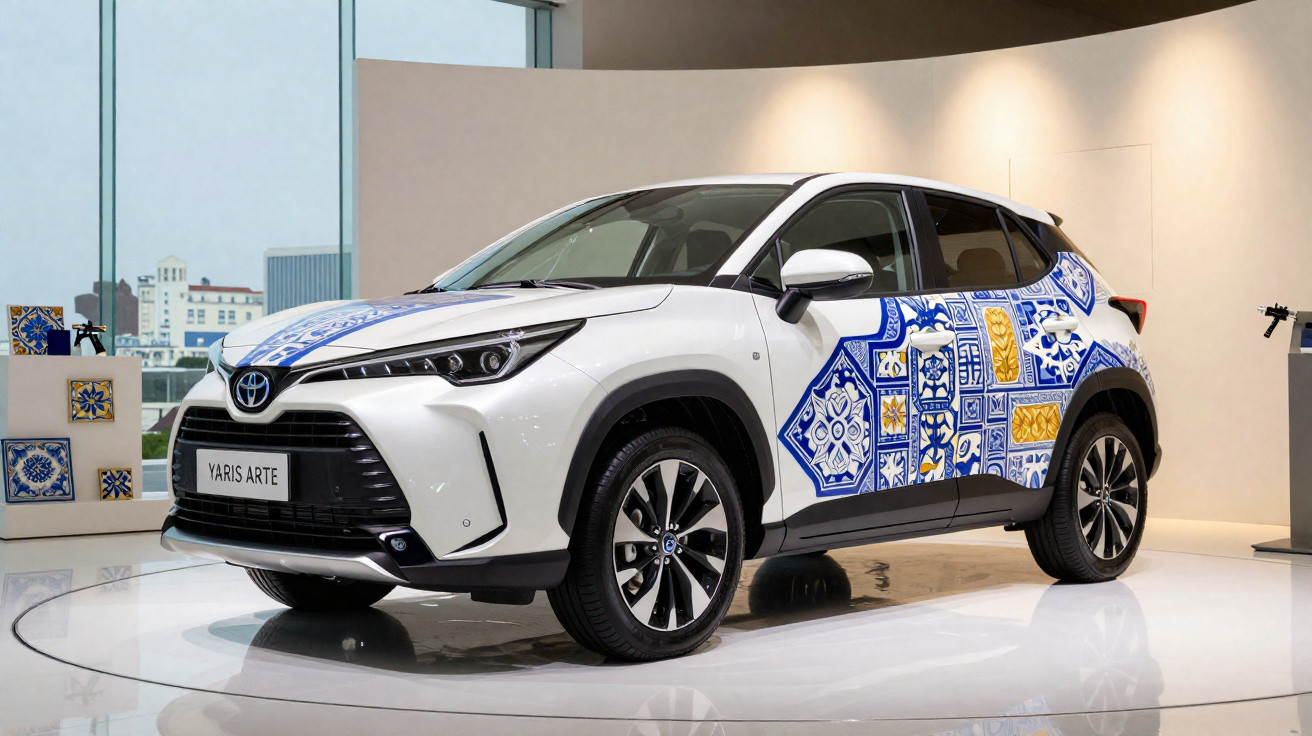 Carro branco Toyota Yaris com decoração azul e amarela inspirada em azulejos portugueses, exposto em estande interno.