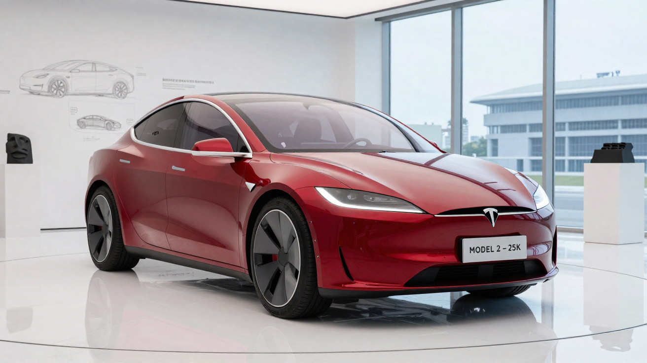 Carro elétrico Tesla Model 2 vermelho exposto em ambiente moderno e iluminado com janelas grandes.
