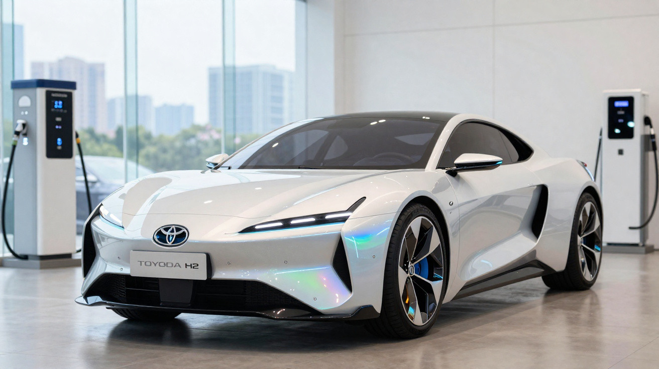 Carro esportivo elétrico Toyota Toyoda H2 branco em showroom moderno com carregadores elétricos ao fundo.
