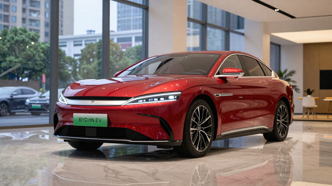 Carro elétrico vermelho BYD HN EV estacionado em piso de mármore dentro de showroom moderno.