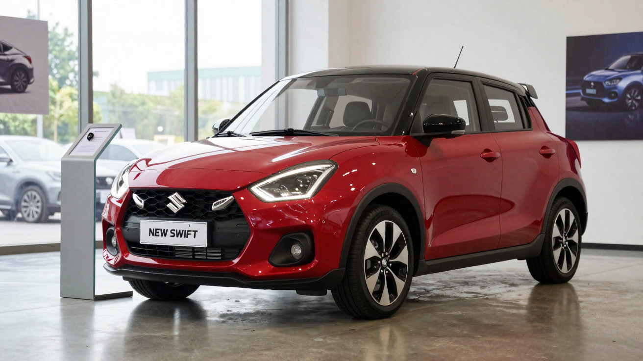 Carro vermelho Suzuki New Swift exposto em showroom moderno com grandes janelas e pôsteres na parede.