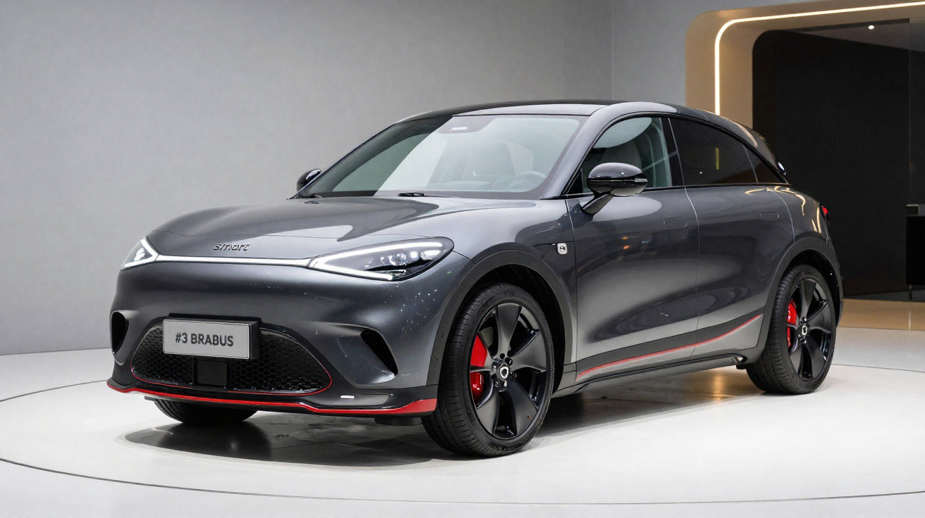 Carro esportivo cinza escuro Smart #3 Brabus em exposição interna com detalhes em vermelho.