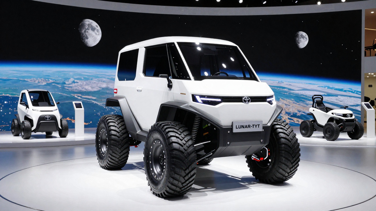 Carro elétrico off-road Toyota Lunar-TVT branco exibido em exposição com painel espacial ao fundo.