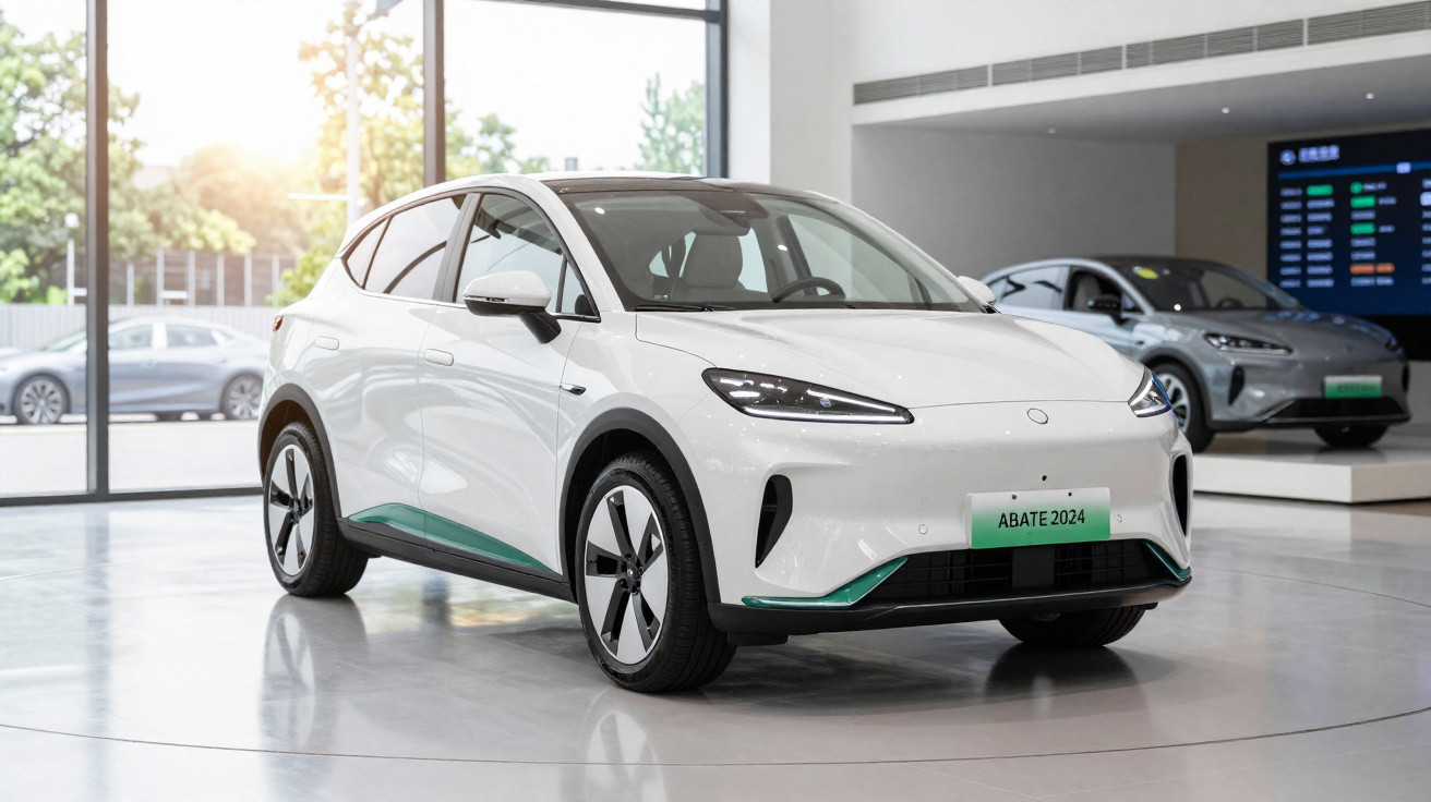Carro elétrico branco exposto em showroom moderno com grandes janelas e outro carro elétrico ao fundo.