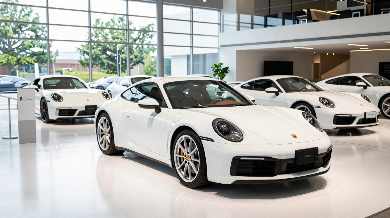 Carros esportivos Porsche brancos exibidos em showroom moderno com piso branco e janelas amplas.