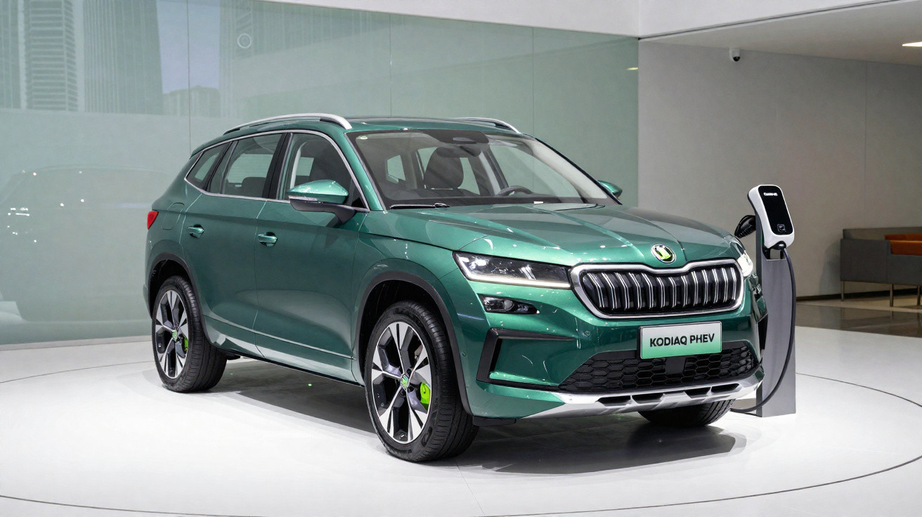 SUV verde Skoda Kodiaq PHEV estacionado em ambiente interno próximo a um carregador elétrico.