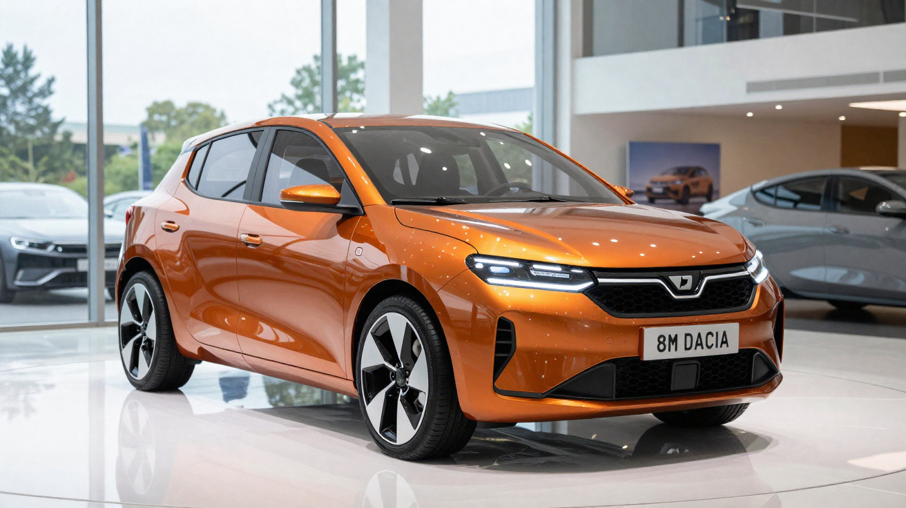 Carro hatchback laranja Dacia 8M exibido em showroom moderno com design elegante e faróis LED acesos.