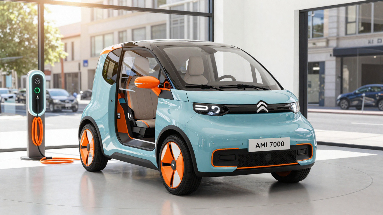 Carro elétrico Citroën AMI 7000 azul com detalhes laranja carregando em estação urbana interna.