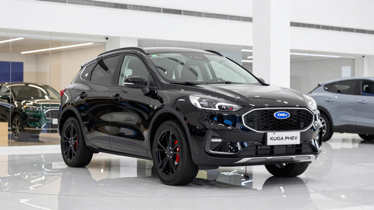 Carro SUV preto Ford Kuga PHEV exposto em showroom moderno com piso branco brilhante.