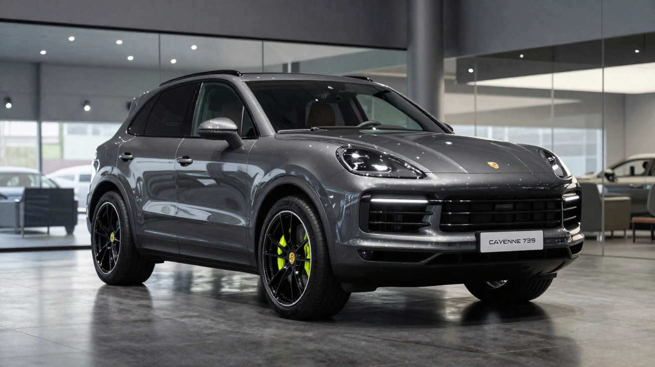SUV Porsche Cayenne 739 cinza exposto em showroom moderno com piso de concreto e paredes de vidro.