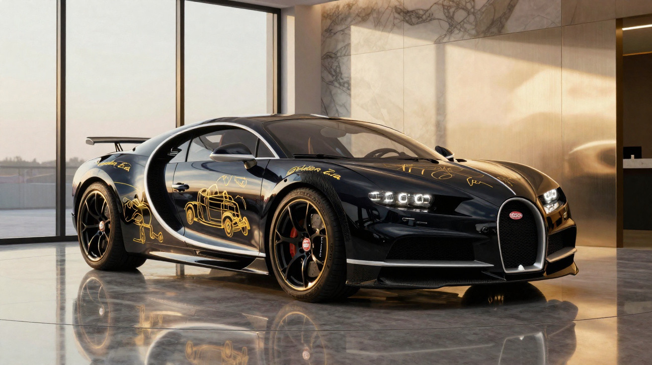 Carro esportivo Bugatti Chiron preto com detalhes dourados, em garagem moderna com piso refletivo.