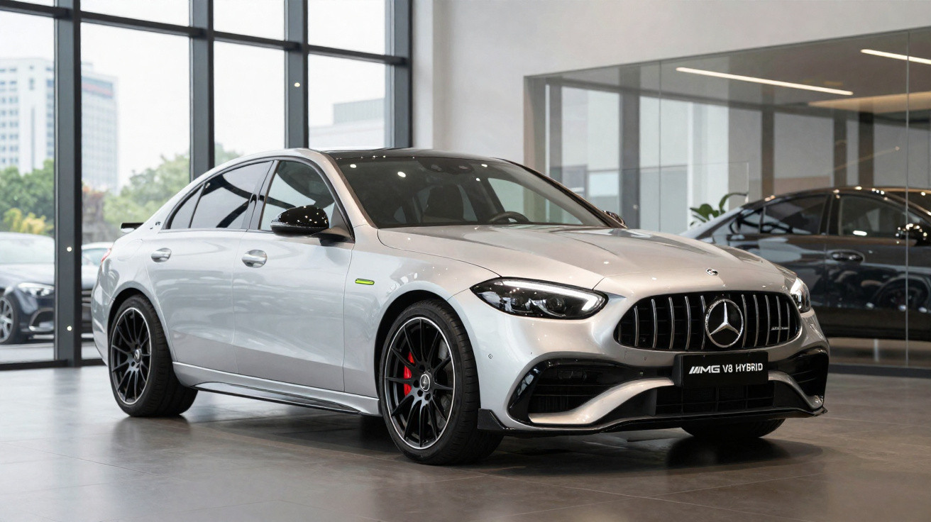 Carro esportivo Mercedes-AMG V8 Hybrid prata exibido em showroom com rodas pretas e detalhes vermelhos.