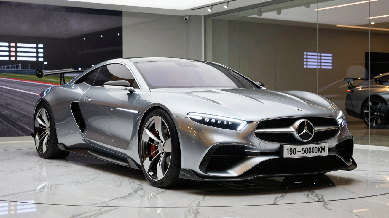 Carro esportivo Mercedes-Benz prata em exposição interna com design moderno e faróis acesos.