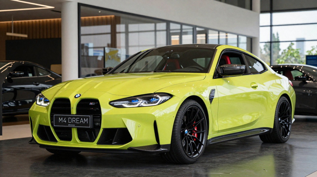 Carro esportivo BMW M4 amarelo em showroom moderno com rodas pretas e interior vermelho.