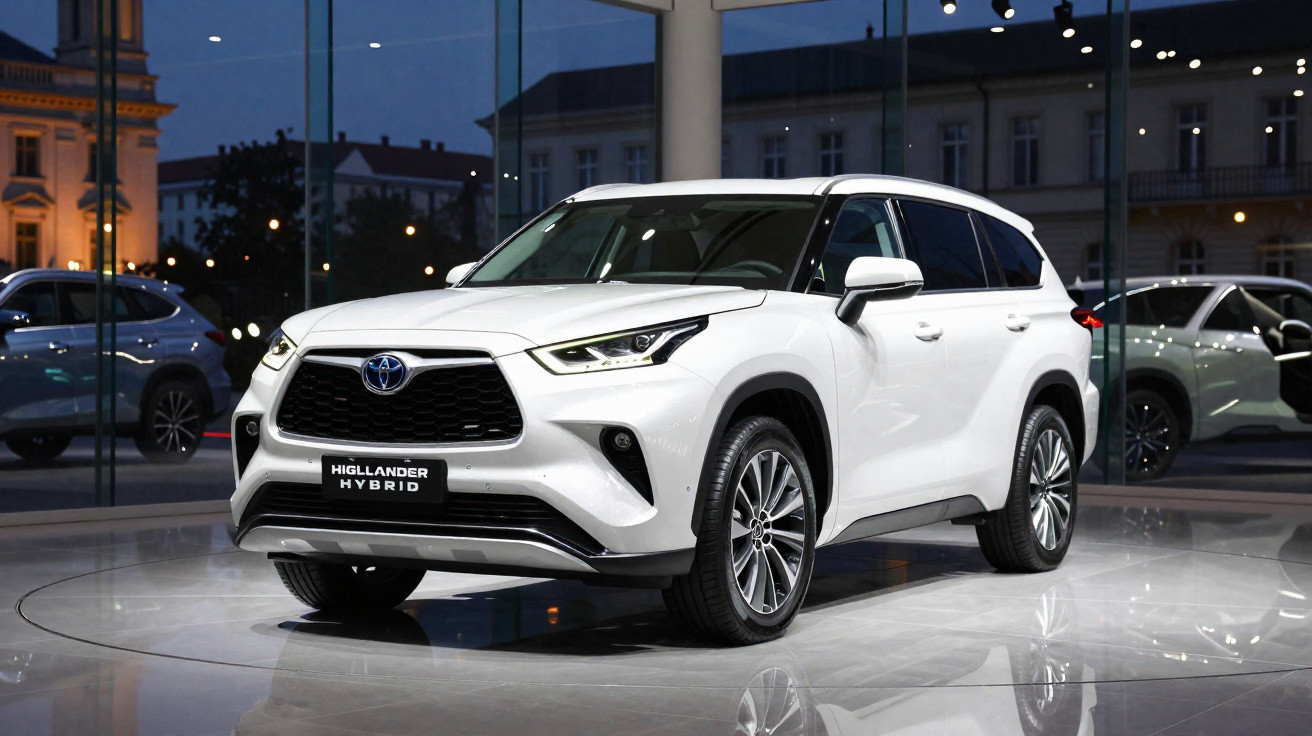 SUV Toyota Highlander Hybrid branco exibido em showroom com arquitetura moderna ao fundo.