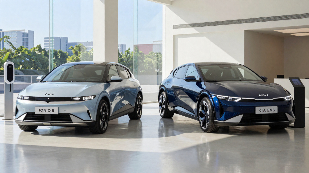 Dois carros elétricos modernos, Hyundai Ioniq 5 prateado e Kia EV6 azul, em showroom iluminado.