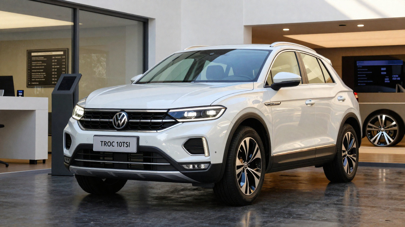 SUV Volkswagen T-Roc branco estacionado em showroom com detalhes em preto e rodas de liga leve.