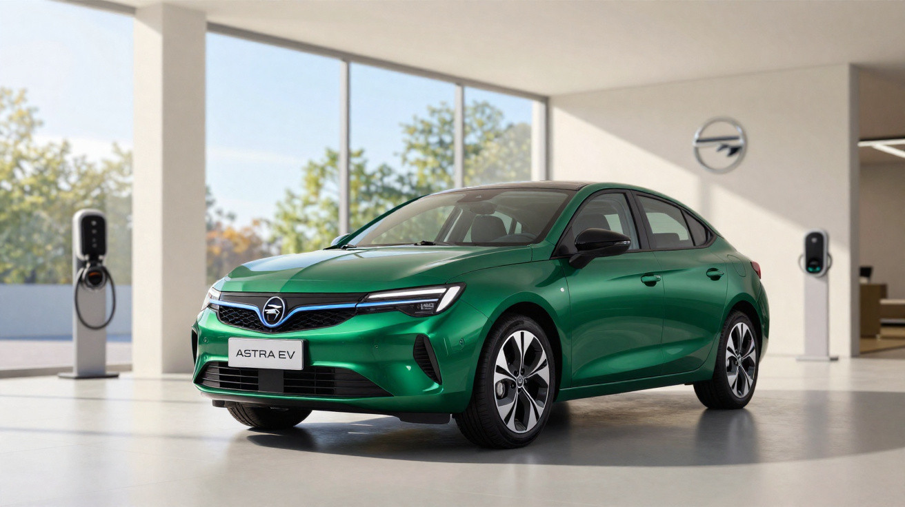 Carro elétrico verde Opel Astra EV estacionado em ambiente interno com carregadores ao fundo.