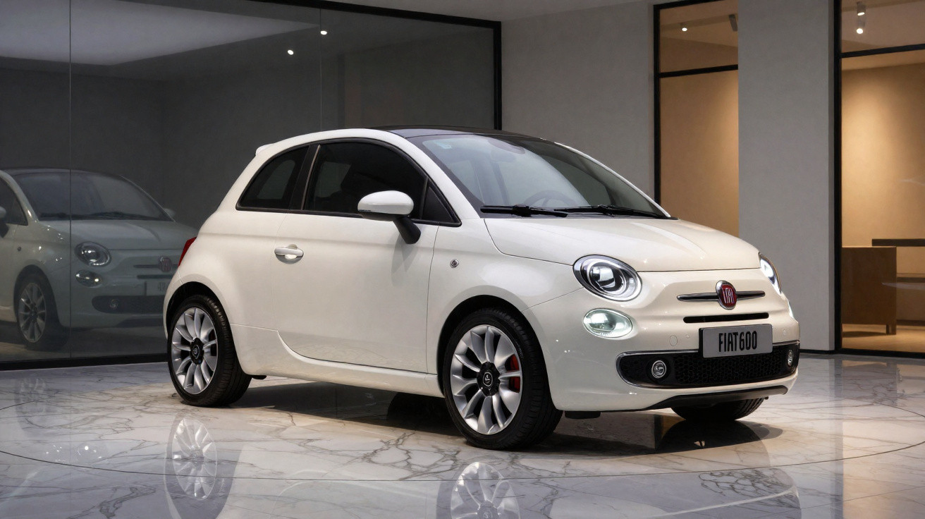 Carro Fiat 600 branco estacionado em piso de mármore dentro de ambiente moderno com paredes de vidro.