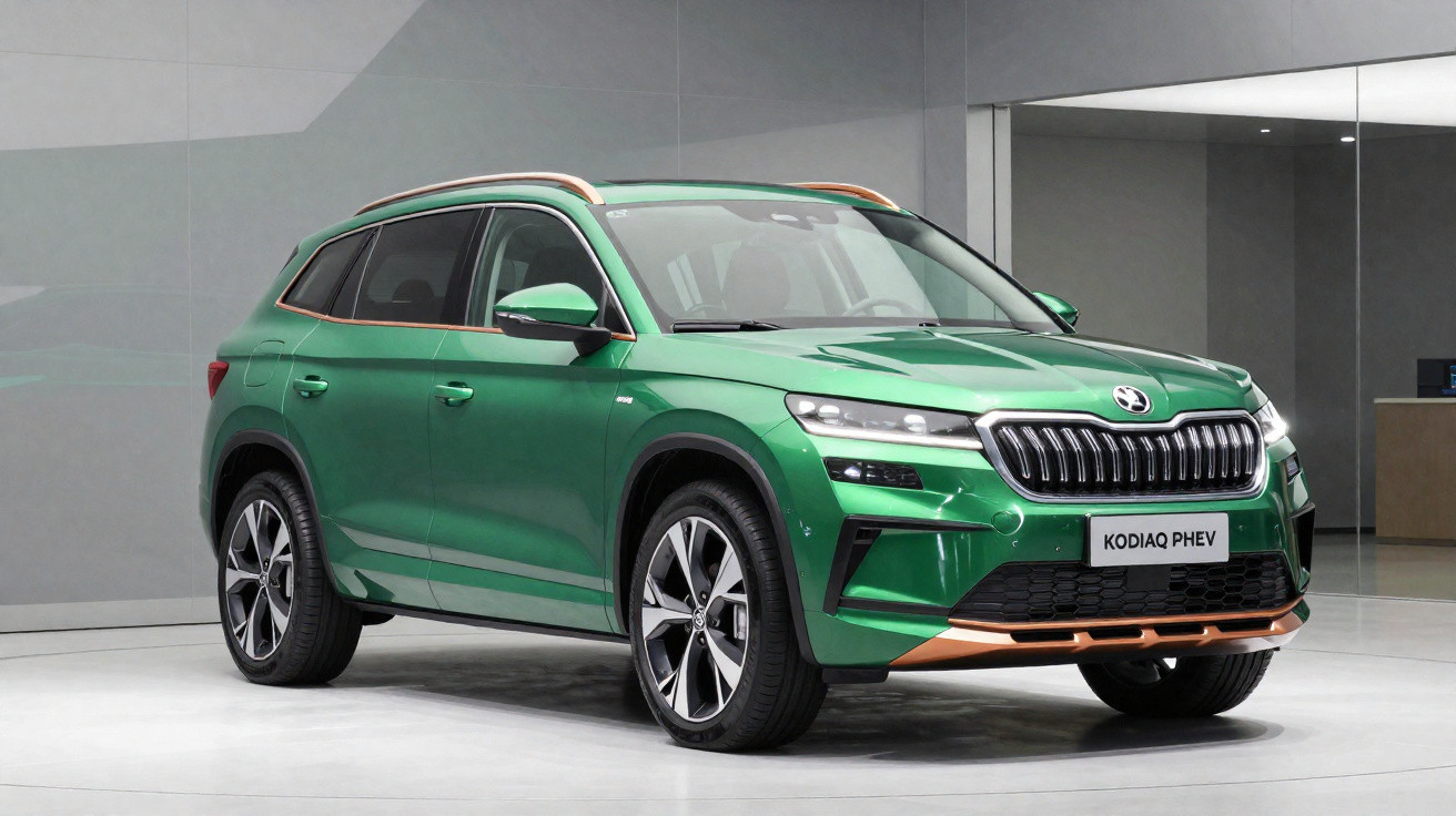 Carro SUV elétrico verde metálico Skoda Kodiaq PHEV exibido em ambiente interno moderno.