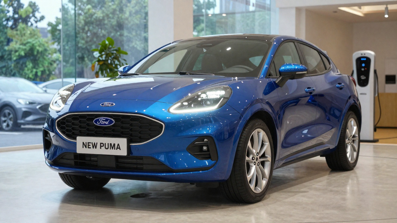Carro azul Ford New Puma estacionado em showroom com parede de vidro ao fundo.