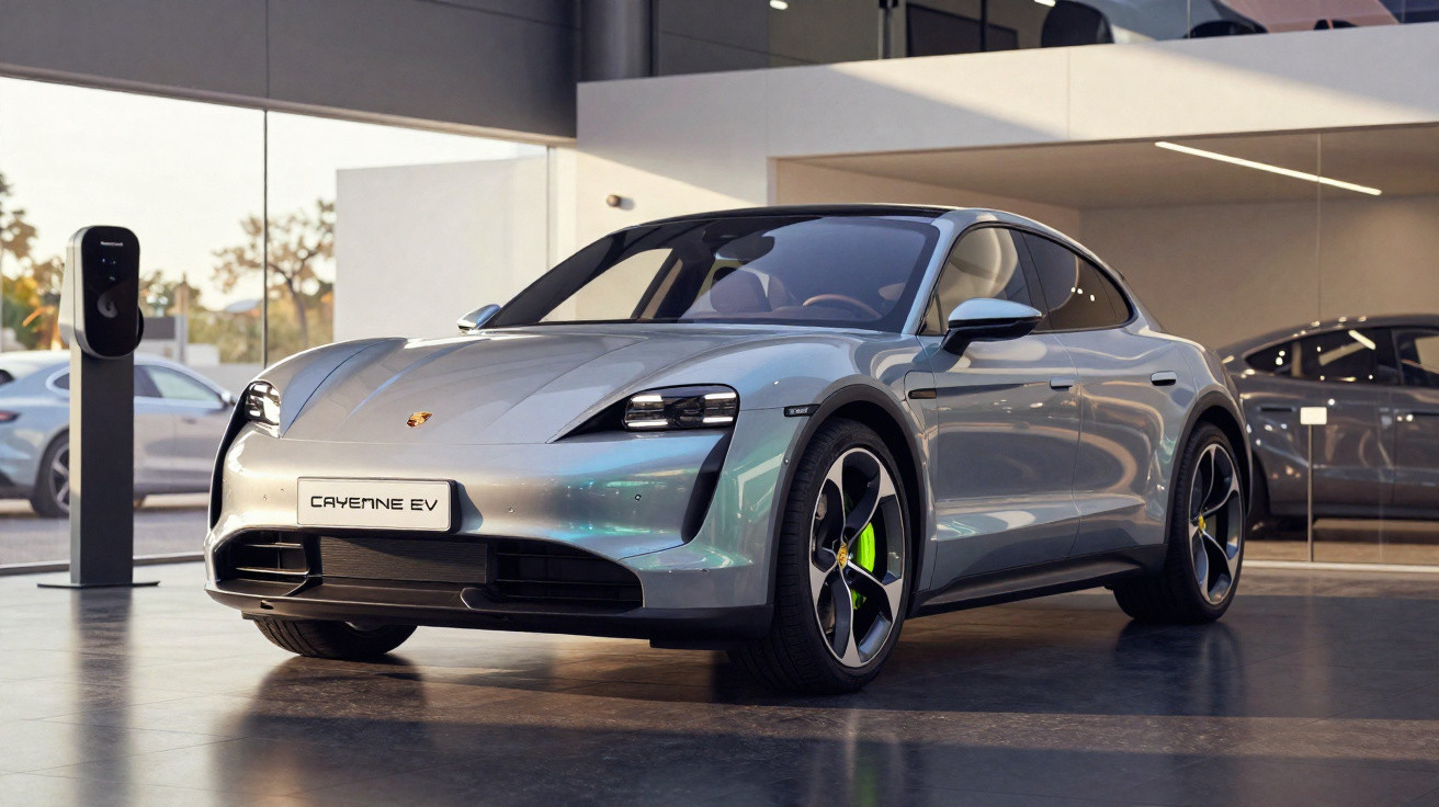 Carro elétrico esportivo Porsche Taycan prata em showroom moderno com carregador ao fundo.