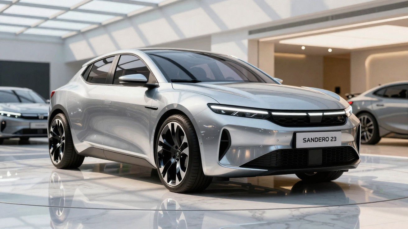 Carro prata Sandero 23 exibido em showroom moderno com design aerodinâmico e rodas pretas brilhantes.