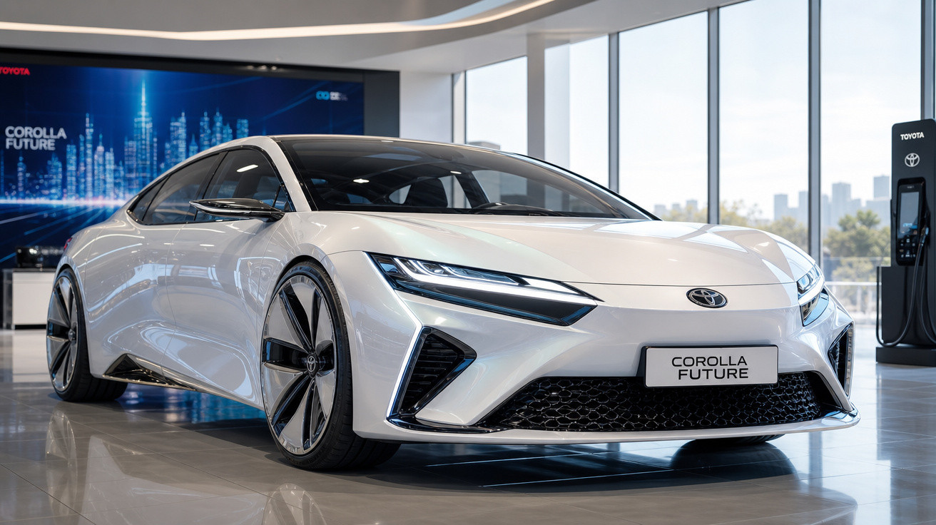 Carro elétrico branco Toyota Corolla Future em exposição em showroom moderno e iluminado.