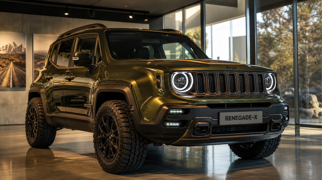 Carro Jeep Renegade-X verde militar em exposição dentro de showroom moderno com luz natural.