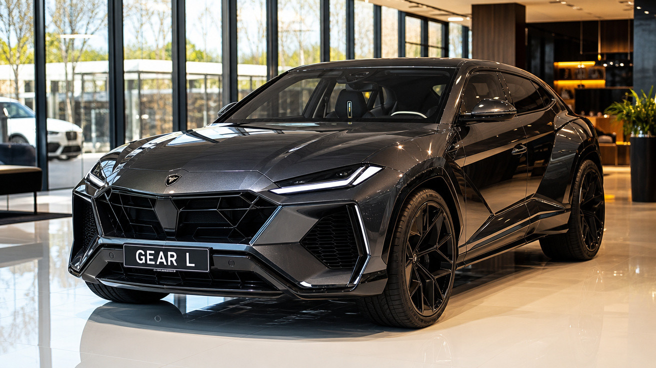SUV esportivo Lamborghini Urus cinza escuro exibido em showroom moderno com paredes de vidro.
