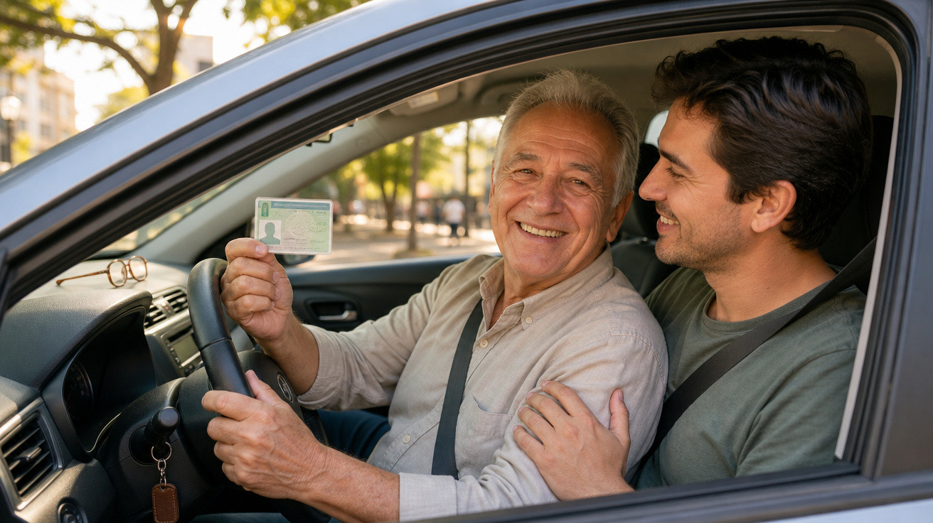 Homem idoso mostrando carteira de motorista no carro, acompanhado por homem mais jovem sorridente.