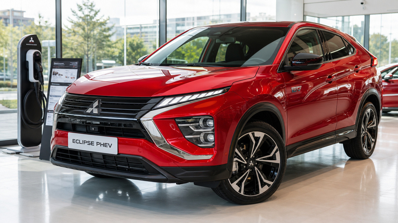SUV Mitsubishi Eclipse PHEV vermelho em exposição em ambiente interno moderno com estação de recarga elétrica.
