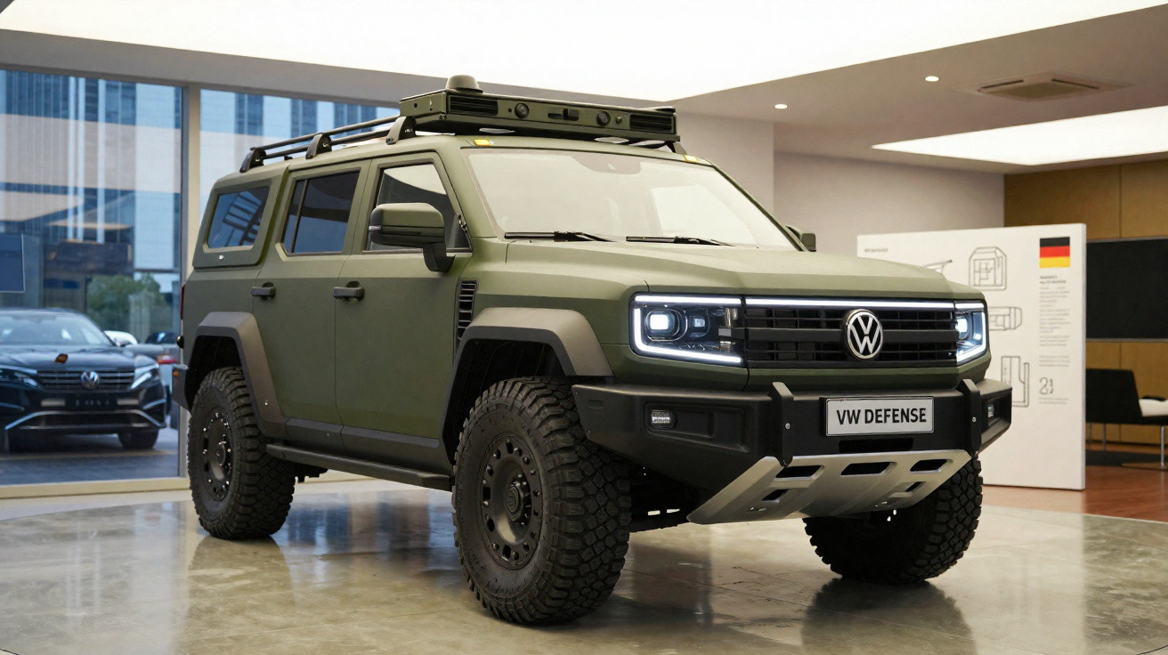 Carro SUV off-road verde militar da Volkswagen modelo VW Defense exposto em ambiente interno moderno.