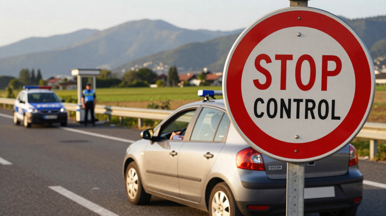Placa de sinalização "Stop Control" em ponto de fiscalização policial na estrada com viatura e policial ao fundo.