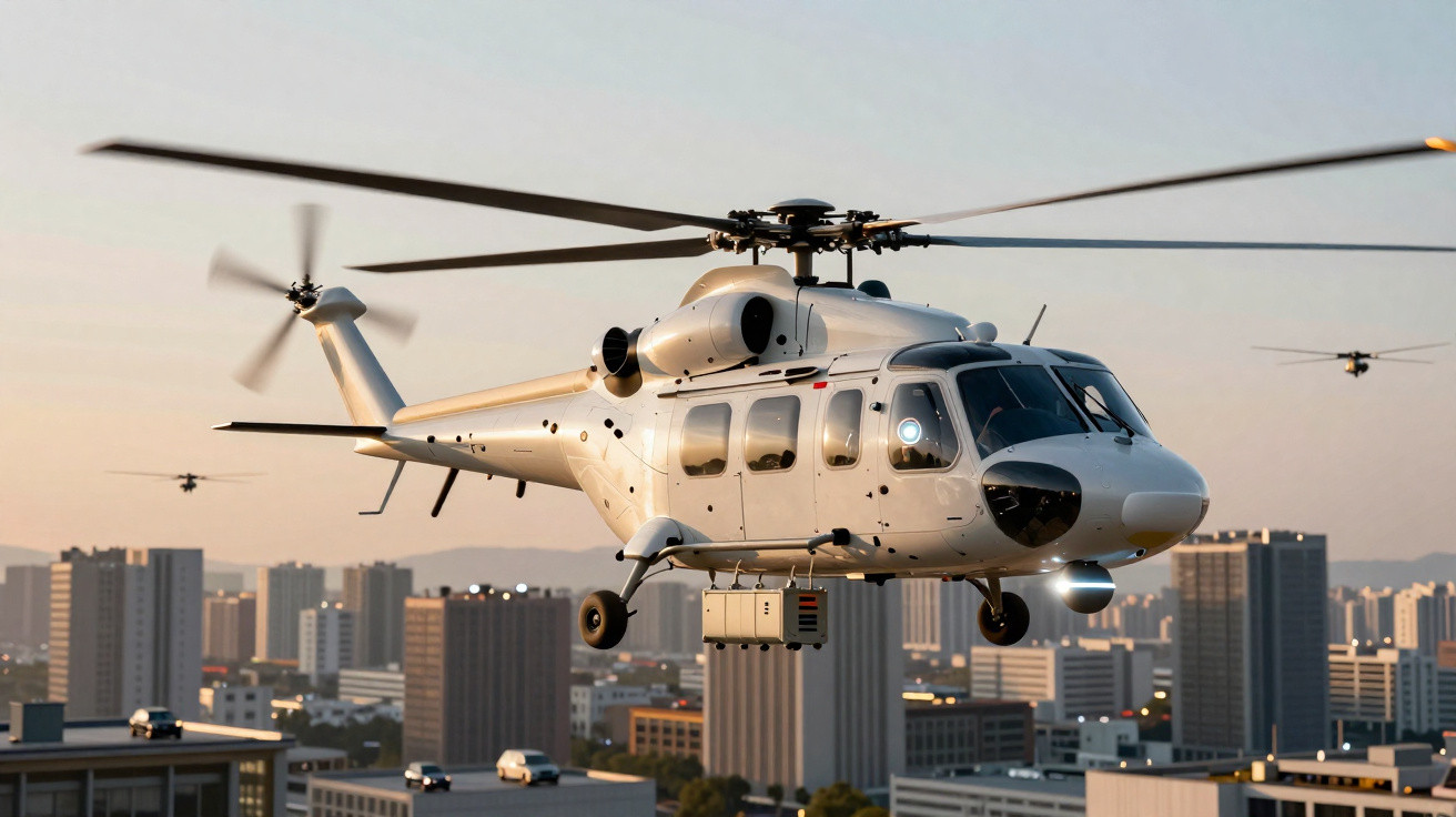 Helicóptero branco voando sobre área urbana com edifícios altos ao entardecer.