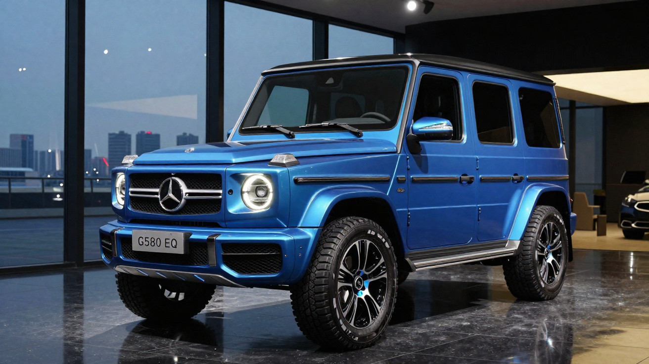 Mercedes-Benz G580 EQ azul estacionado em showroom moderno com vidro e piso refletivo.