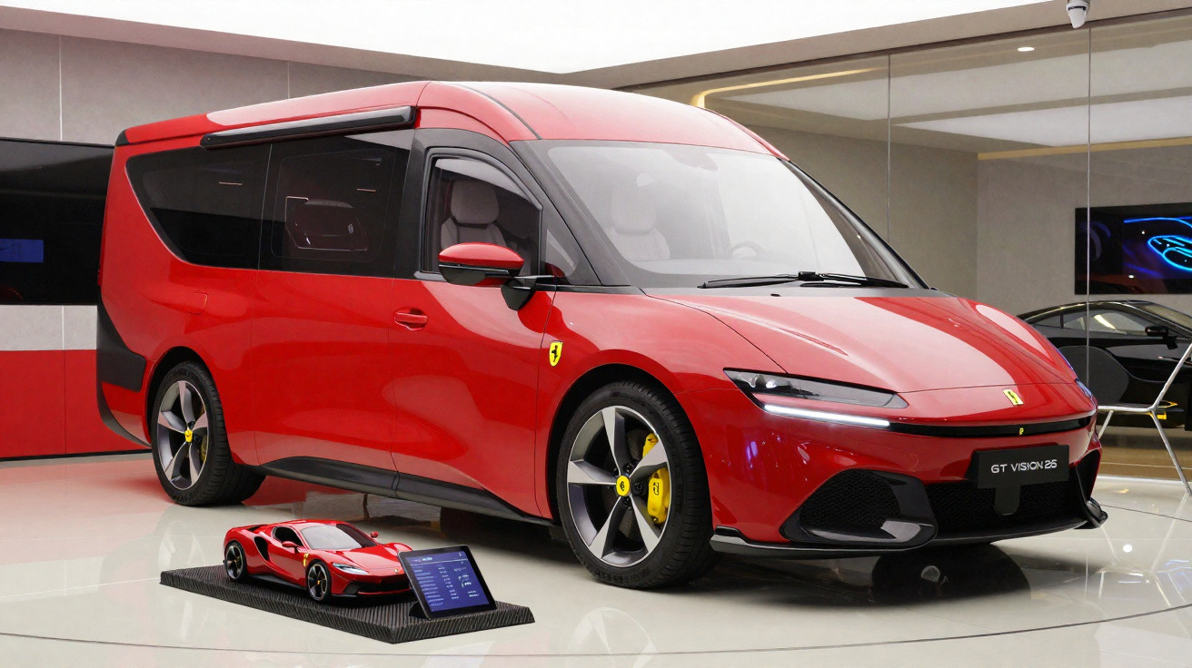 Van esportiva vermelha da Ferrari GT Vision 2035 exposta em showroom moderno.