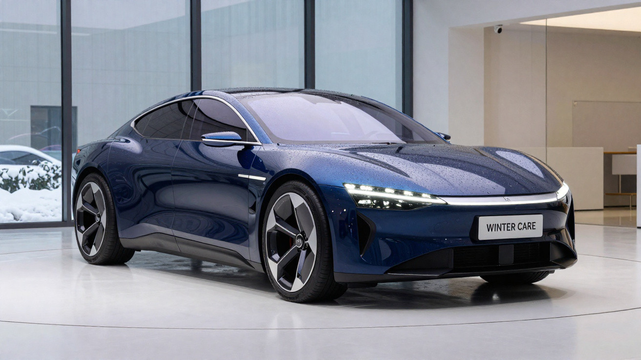 Carro elétrico azul escuro estacionado em showroom moderno com janelas grandes e detalhes futuristas.
