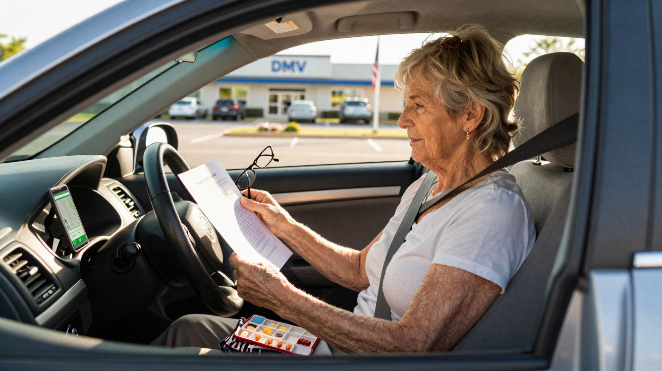 Mulher idosa sentada no carro lendo documento, com prédio do DMV ao fundo.