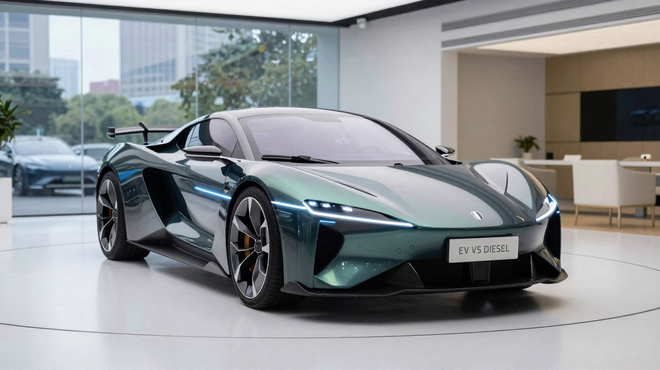 Carro esportivo elétrico verde em exibição dentro de showroom moderno com grande janela de vidro.