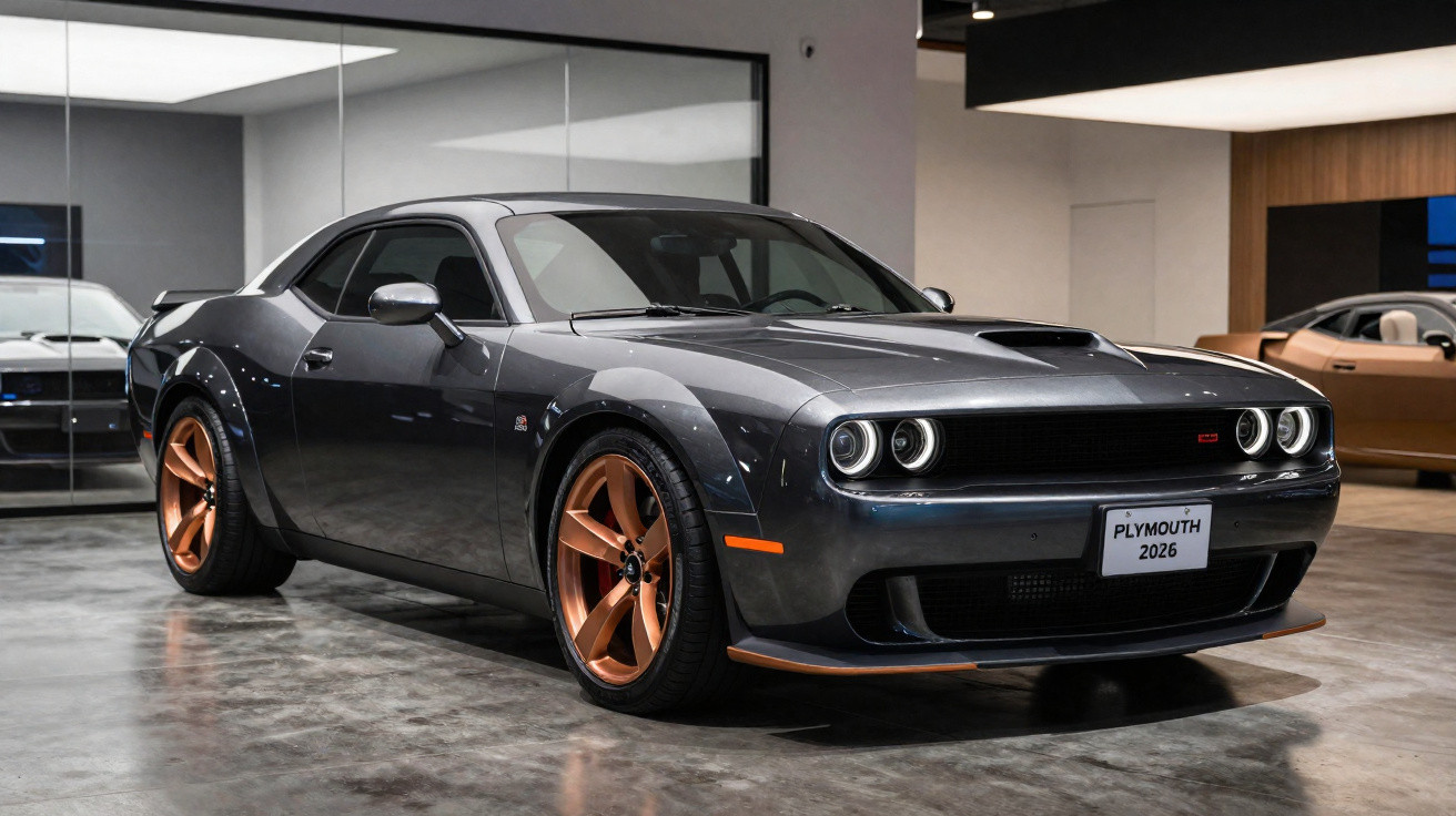 Carro esportivo preto com rodas bronze em showroom moderno e iluminação artificial.