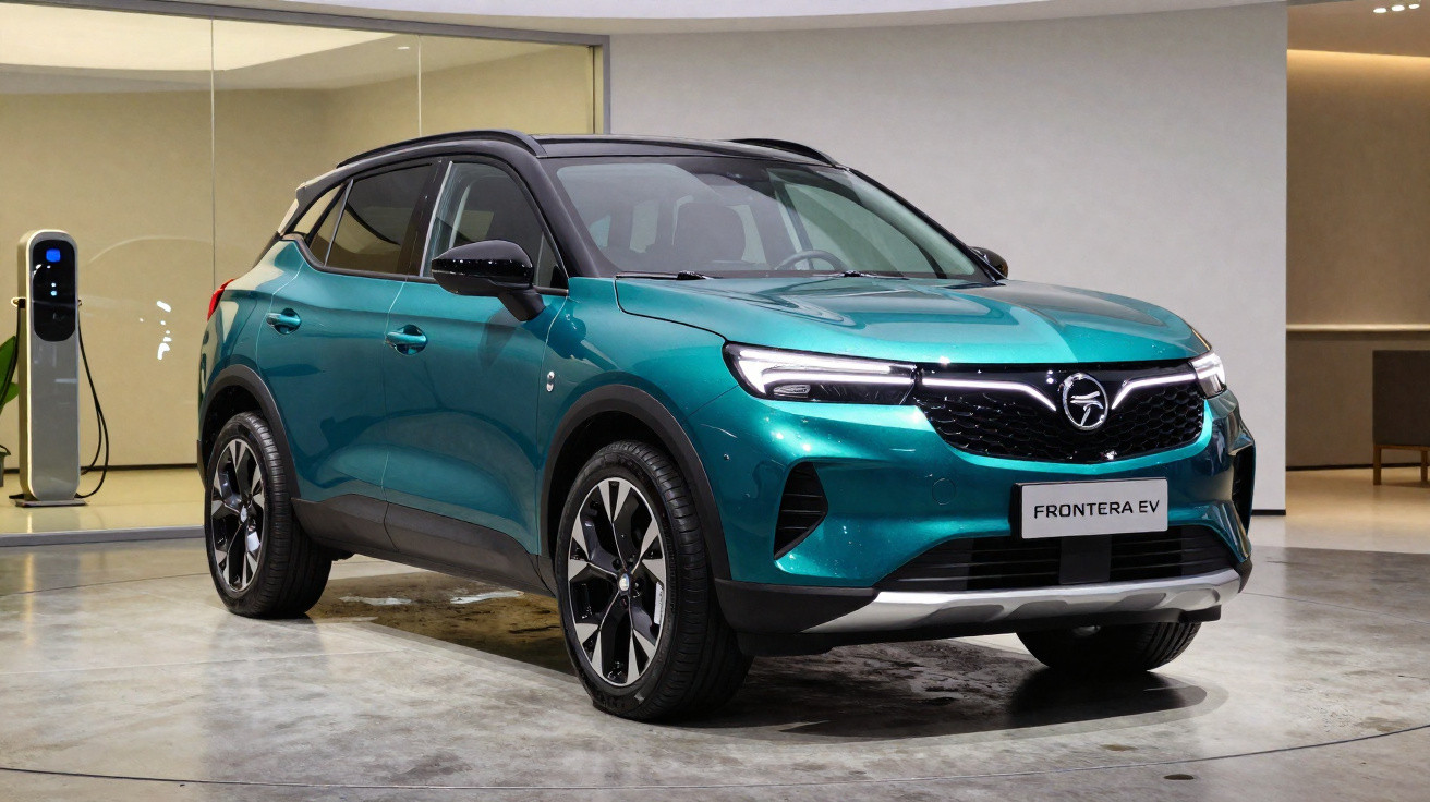 Carro SUV elétrico verde com teto preto e estação de carregamento ao fundo em ambiente interno.