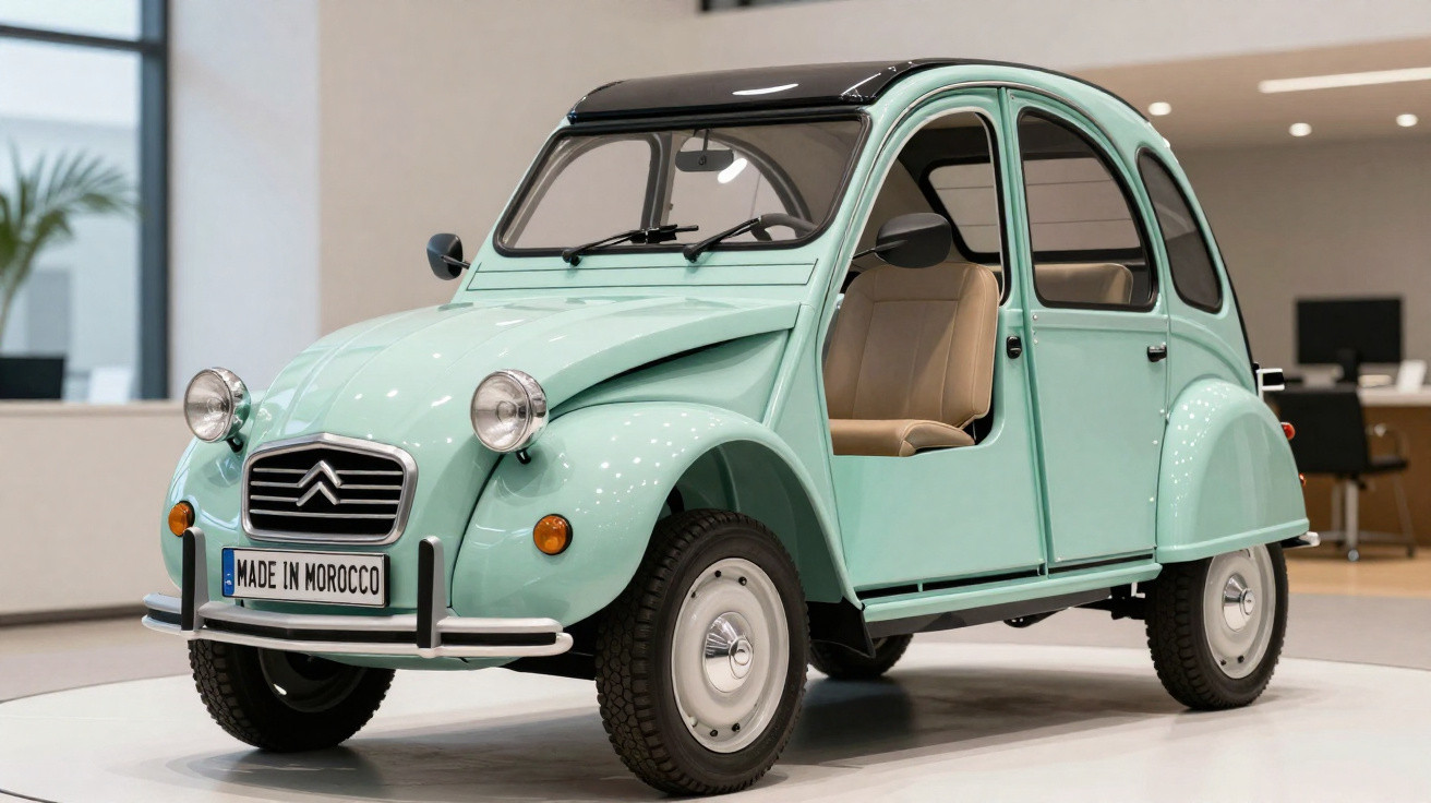 Carro Citroën 2CV verde claro exibido em ambiente interno com porta aberta e teto preto.