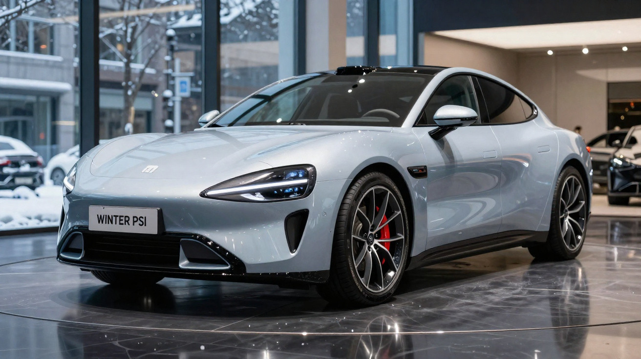Carro esportivo elétrico prata em exposição dentro de showroom moderno com piso brilhante.