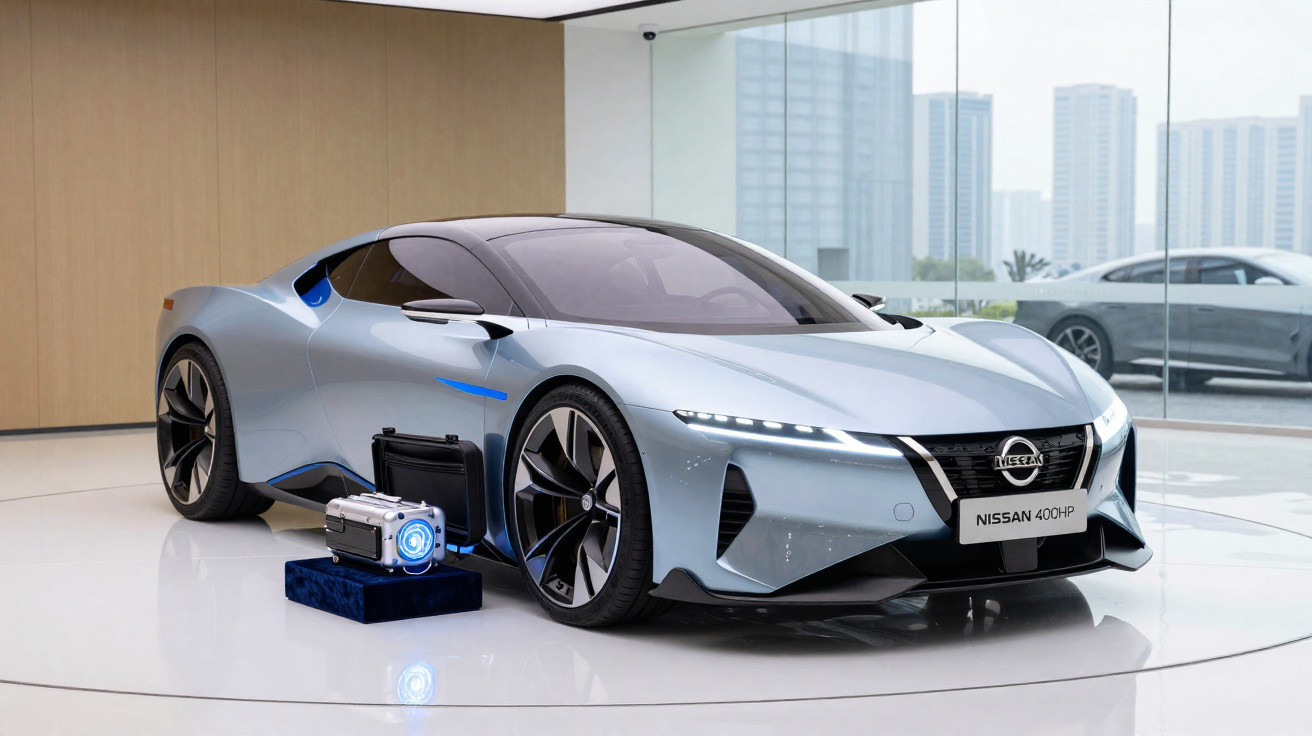 Carro esportivo Nissan 400HP prata em exposição interna com prédio e reflexo visíveis na janela.