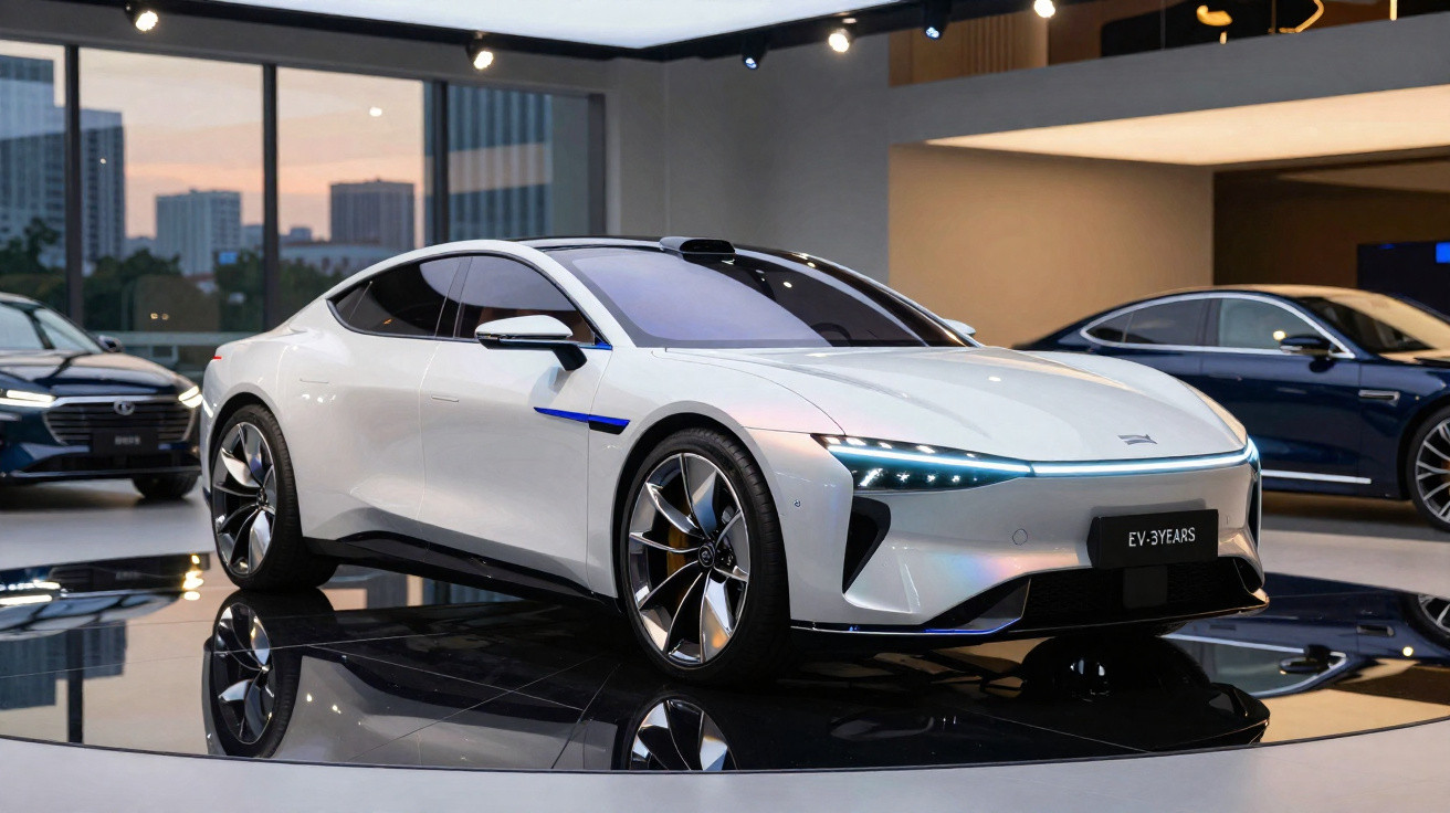 Carro elétrico branco moderno exibido em salão com iluminação e reflexo no piso brilhante.