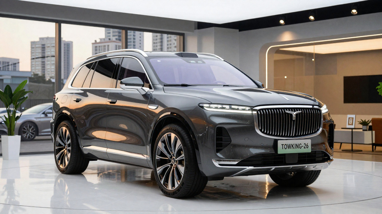 Carro SUV cinza moderno em showroom com grandes rodas, vidro fumê e design aerodinâmico.