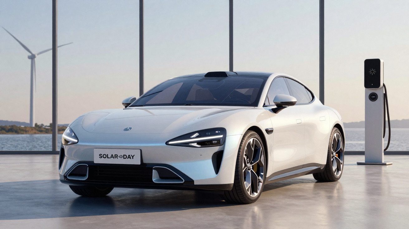 Carro elétrico branco estacionado em área moderna com turbinas eólicas ao fundo e estação de recarga.