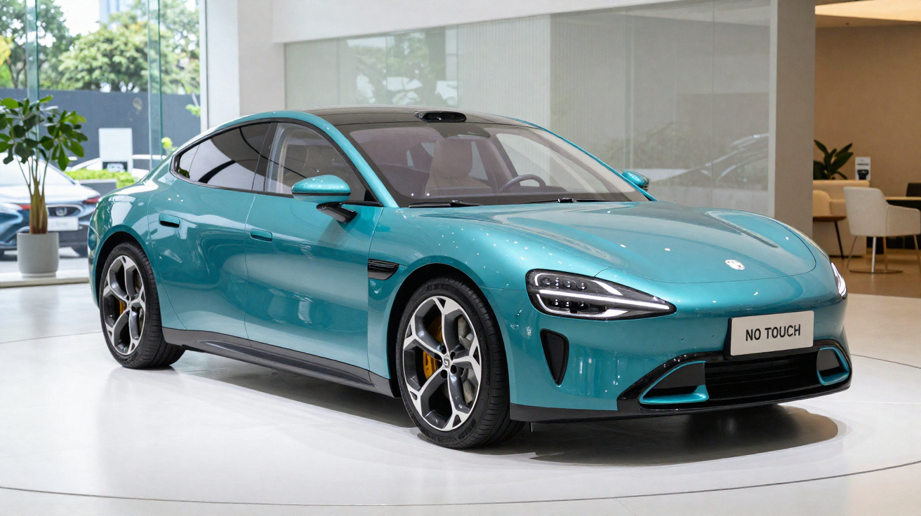 Carro esportivo elétrico azul exposto em showroom com placa "NO TOUCH" na frente.