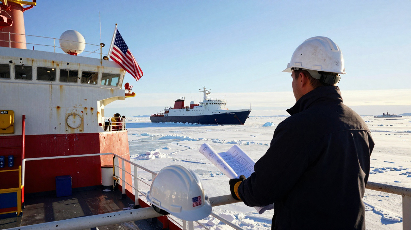 Homem de capacete branco observa navio em região polar coberta de gelo e neve.